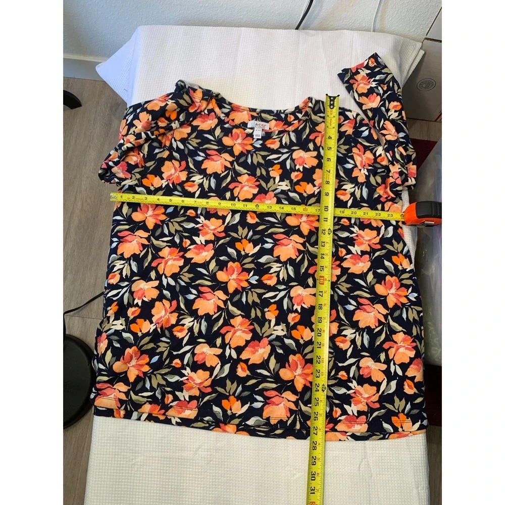 (F-185)Denim & Co Floral Tunic Top Women's Petite XL Navy Orange Long Sleeve QVC
